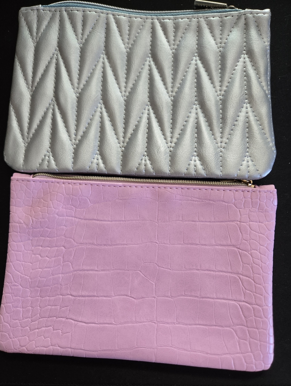 ipsy Metallic Silver Quilted & Light Pink Croc-Embossed Zip Pouches - Set of 2